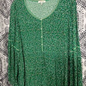 Max Studio Emerald Green Printed Henley Tunic with Contrast Trim